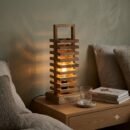 Wooden Slatted Table Lamp with Handle – Brown