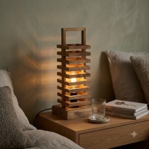 Wooden Slatted Table Lamp with Handle – Brown