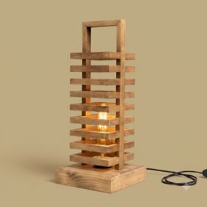 Wooden Slatted Table Lamp with Handle – Brown